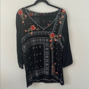 Johnny was size L Embroidered Black Top with Red Floral Accents